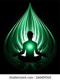 man meditation on green wave abstract background. yoga. 