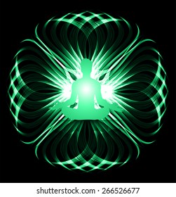 man meditation on green wave abstract background. yoga. 