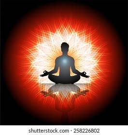 Man meditation on orange red background. yoga