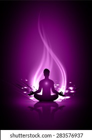 man meditation on purple fire abstract background. yoga.