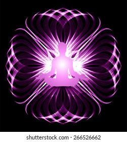 man meditation on purple wave abstract background. yoga. 