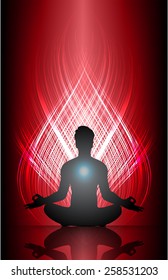 Man meditation on red abstract wave background. fire. yoga