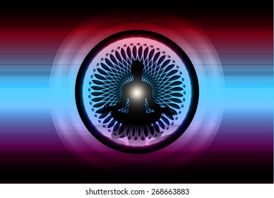 man meditation on red blue purple circle abstract background. yoga.