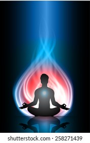 Man meditation on red and orange fire background. yoga.