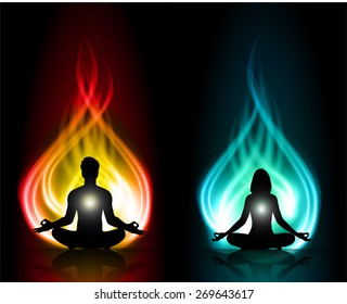 man meditation on red orange fire abstract background. woman meditation on green blue fire abstract background. yoga.