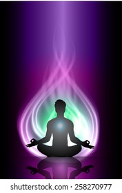 Man meditation on red and purple fire background. yoga.