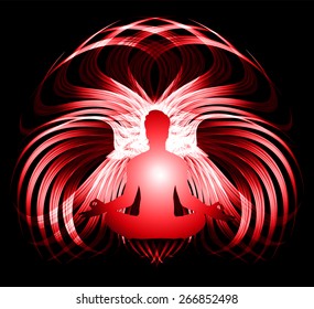 man meditation on red wave abstract background. yoga. 
