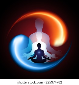 Man meditation on Symbol of yin and yang of background in the form of red and blue fire. 