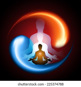 Man meditation on Symbol of yin and yang of background in the form of red and blue fire. 