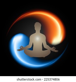 Man meditation on Symbol of yin and yang of background in the form of red and blue fire. 