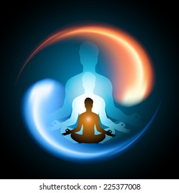 Man meditation on Symbol of yin and yang of background in the form of red and blue fire. 