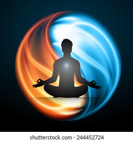 Man meditation on Symbol of yin and yang of background in the form of red and blue fire.