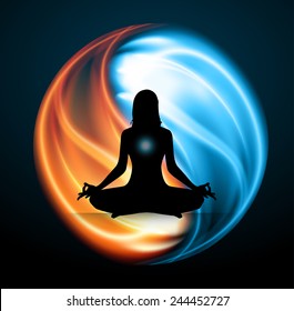 Meditación del hombre en símbolo de yin y yang de fondo en forma de fuego rojo y azul.