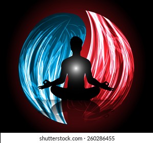 man meditation on Symbol of yin and yang of background in the form of red and blue fire.