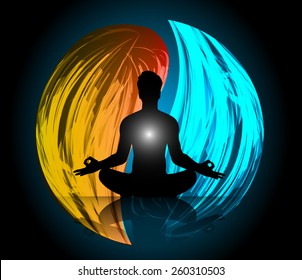 Man meditation on Symbol of yin and yang of background in the form of orange and blue fire.