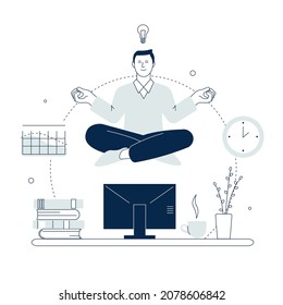 Man meditation on work. Businessman meditate, zen and chilling. Business relax, busy manager take a break. Relaxing in office, no stress recent vector concept