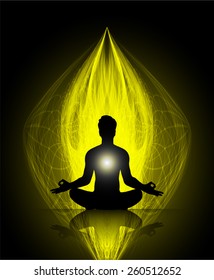 Man meditation on yellow abstract fire background. yoga.