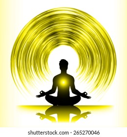 Man meditation on yellow abstract background. yoga