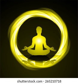 man meditation on yellow circle abstract background. yoga.