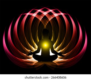 man meditation on yellow pink wave abstract background. yoga. 