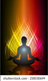 Man meditation on yellow red abstract wave background. fire. yoga