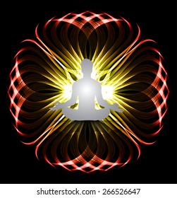 man meditation on yellow red wave abstract background. yoga. 