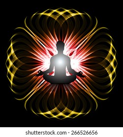 man meditation on yellow red wave abstract background. yoga. 