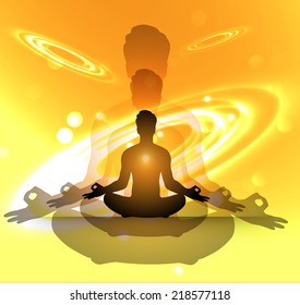 man meditation orange sparkling background with stars in the sky and blurry lights, illustration. Abstract, Universe, Galaxies, yoga. 