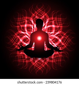 man meditation red light abstract background. yoga.