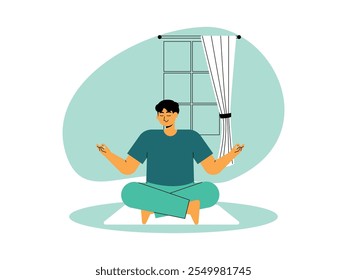 Hombre en meditación, sentado con las piernas cruzadas en una estera, ambas manos con una camiseta y pantalones, cabello corto, ventana blanca y fondo de cortina a la derecha, expresión facial tranquila, Ilustración vectorial.