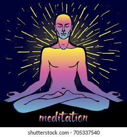 Man in meditation Vector illustration. Hand drawn Vector Sketch of man body in yoga asana. Chakra meditation