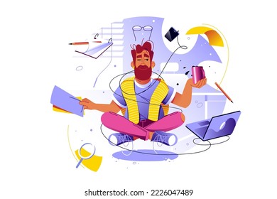 Man meditation at work vector illustration. Businessman meditate, zen and chilling. Business relax. Relaxing in office, no stress recent flat concept