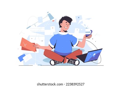 Man meditation at work vector illustration. Zen and chilling. Man working on laptop in office. Guy at workplace works with documents flat style concept. Working day and paper work.