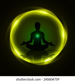 man meditation yellow green light abstract background. yoga.
