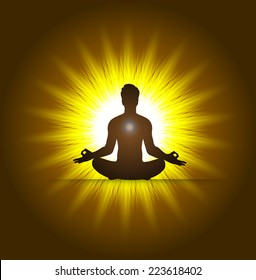 man and meditation yellow light background. yoga. 