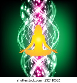 man meditation, yoga. abstract green radius background,