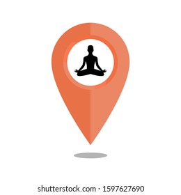 Man in a meditative position inside a location pin. Meditation center location.