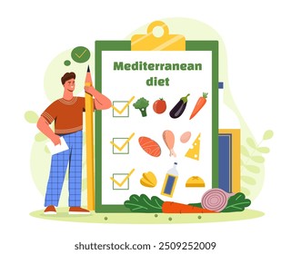 Homem com dieta mediterrânea. Jovem com produtos naturais e orgânicos com vitaminas. Produtos hortícolas, carne e óleos. Nutrição adequada e estilo de vida saudável. Ilustração de vetor plano