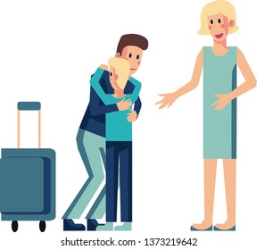 Man meeting family vector isolated. Father hugging son near suitcase in airport. Happy husband and wife getting together after flight. Long awaited meeting in waiting hall. Flat cartoon illustration.