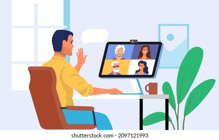 Man meeting with mix race during video call vector. Online videoconference webinar.