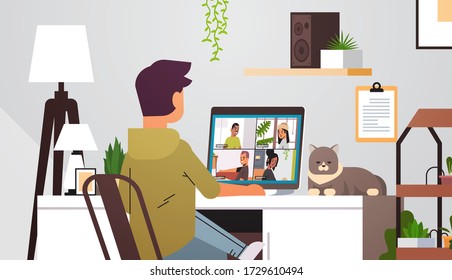 Man Meeting With Mix Race Friends During Video Call Coronavirus Quarantine Concept People Having Virtual Fun Live Conference Living Room Interior Horizontal Portrait Vector Illustration