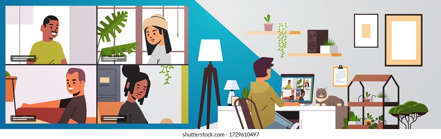 man meeting with mix race friends during video call coronavirus pandemic quarantine concept people having virtual fun live conference living room interior horizontal vector illustration