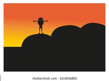 Сartoon man meets sunset standing on a raised platform