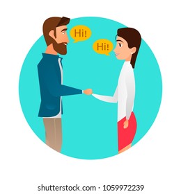 Man meets a woman. Handshake, pleasant meeting. Happy meeting. Vector flat design illustration in the circle.