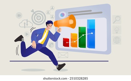 Man with megaphone analyzes chart. Digital marketing concept. Customer Interaction in marketing. Omnichannel Marketing. showing campaign preparation and strategy development through data analysis. 