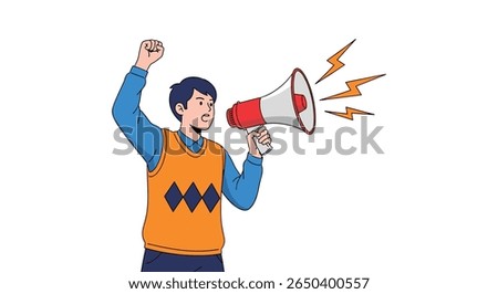 Man with megaphone announcing something loudly with lightning bolts illustrating sound waves