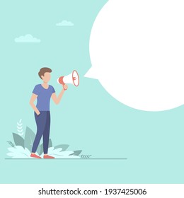 Man with a megaphone and blank bubble chat Vector flat illustration.