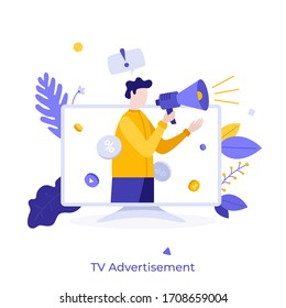 Man with megaphone or bullhorn promoting or advertising product on television screen. Concept of TV commercial, advertisement campaign, promotion, marketing. Modern flat colorful vector illustration.