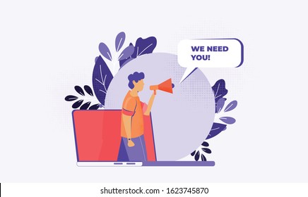 Man with megaphone. Business hiring and recruiting concept. Flat vector illustration.