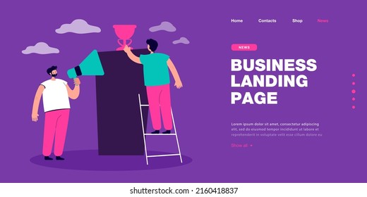 Man with megaphone cheering for friend reaching for prize. Male character of ladder getting reward flat vector illustration. Referral program, success, support concept for banner or landing web page